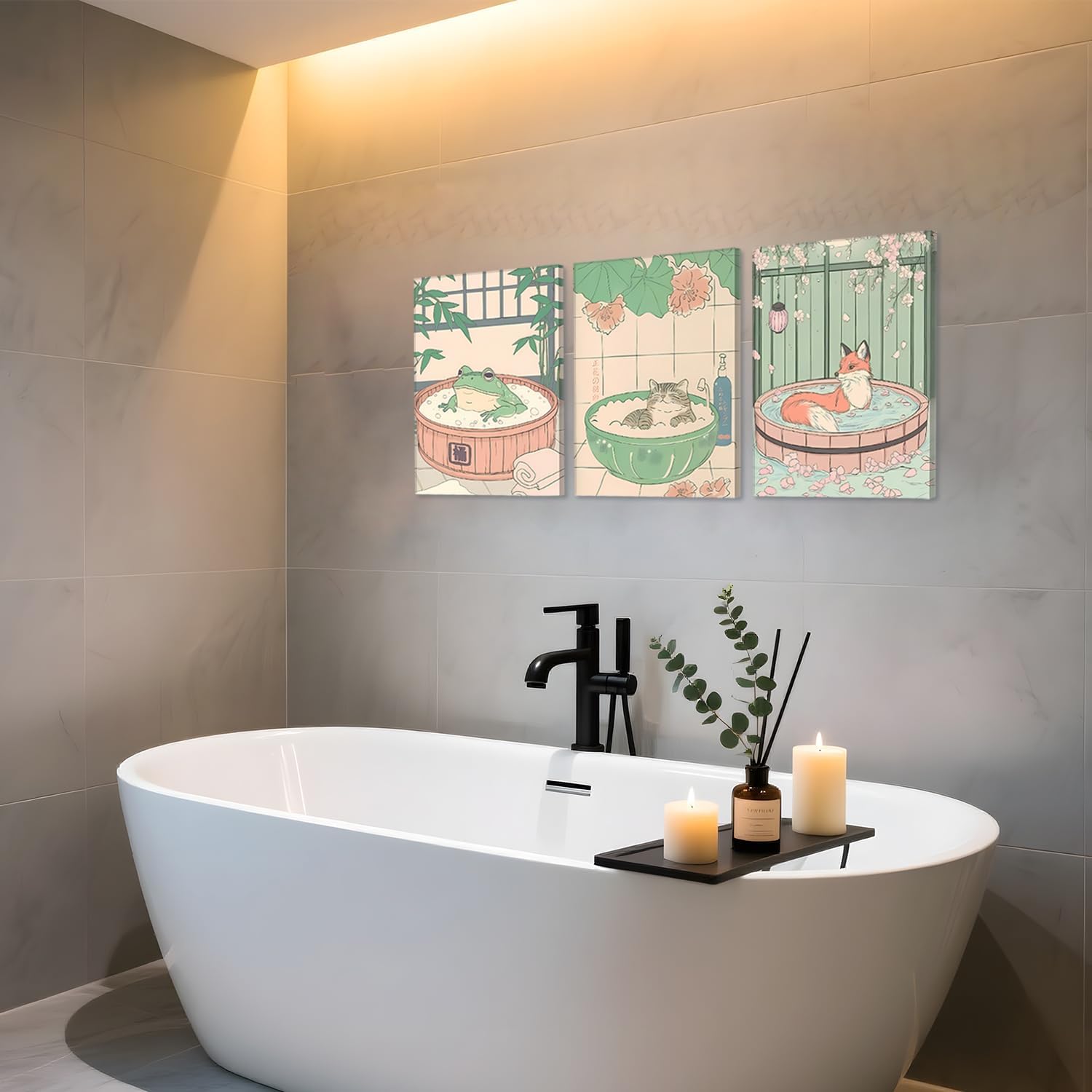 Framed Japanese Bathroom Wall Art Set of 3, Cute Tabby Cat Fox and Frog in Bathtub Pictures Wall Decor Paintings, Vintage Funny Animal Canvas Prints Home Decor for Restroom Toilet Spa Room 16x24 inch