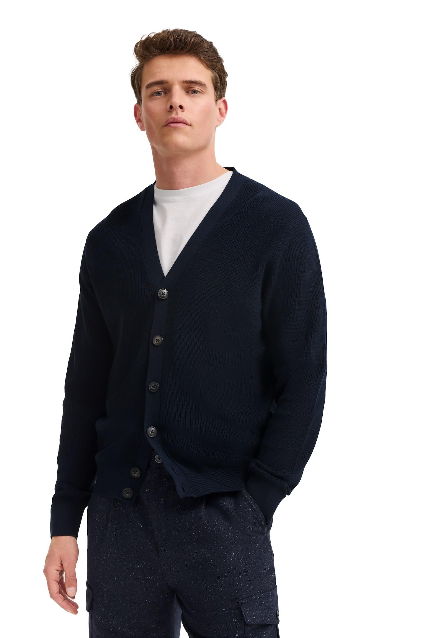 bugatti Herren Cardigan 7600-85530D Regular Fit V-Ausschnitt Knopfleiste RIPP-Struktur stilvoll bequem vielseitig
