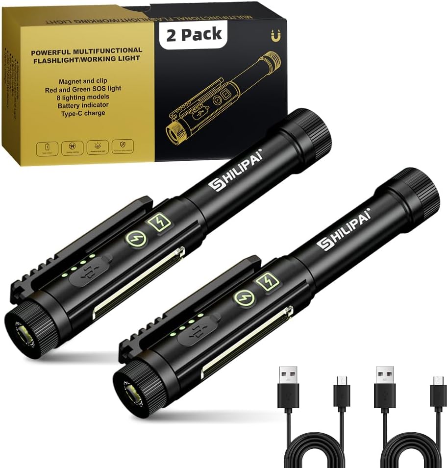Pen Light Flashlight,600 Lumens Rechargeable 8 Modes COB Magnetic Flashlight with Clip Bright Pocket Flashlights Work Light Portable Waterproof Durable Penlight for Nurse(2p Black)