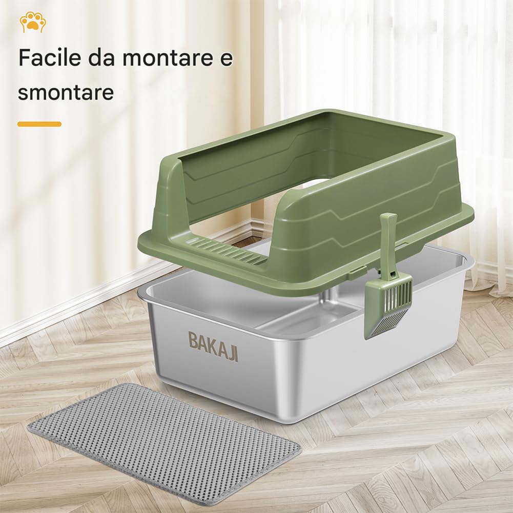 BAKAJI Litière pour Chat XL Ouverte avec Base en Acier avec Sac Anti-Sable, Pelle pour Collecte, Tapis Anti-saleté, Base antidérapante, capacité 25 litres, Couleur Verte, 50 x 35 x 30 cm