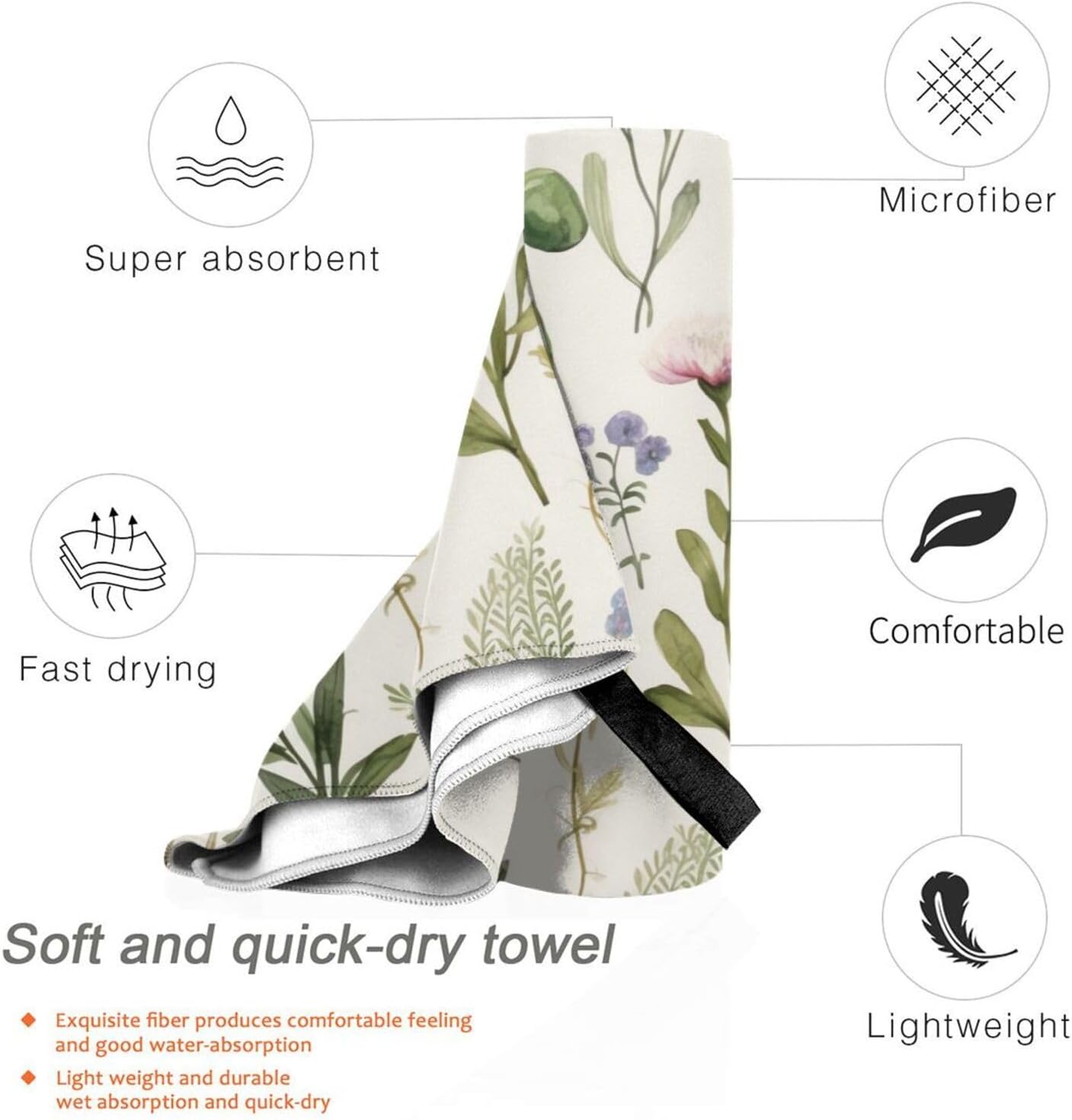 KHiry Microfiber Towel Beach Towels Season Watercolors of Herbs Flowersb Quick Dry Towel Soft Lightweight Travel Towels Absorbent Large Easy Pack Travel Things Beach Blanket for Gym Sports Swimming