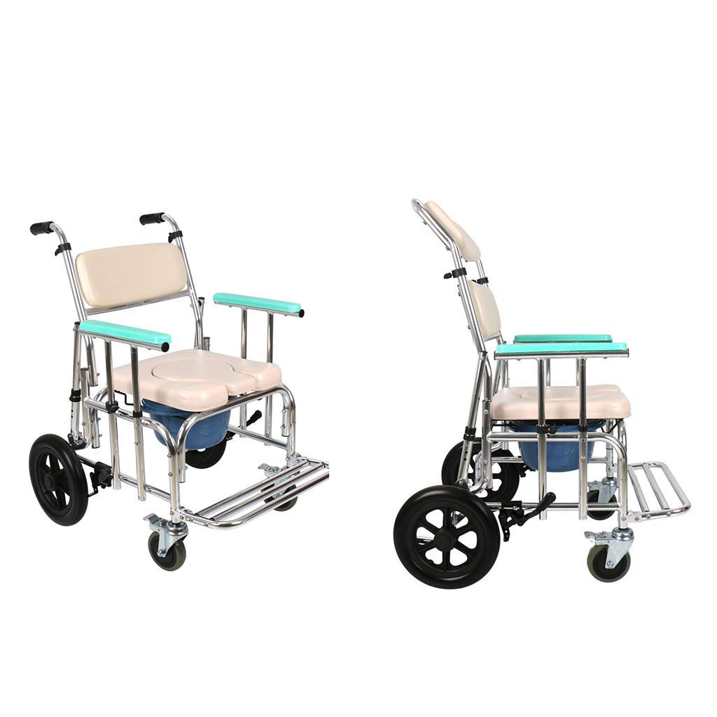 Krzesło toaletowe Commode, składane krzesło toaletowe Bedside Commode dla seniorów z kółkami Regulowane oparcie/osłona przeciwbryzgowa/schowek/pokrywa Solidne i łatwe w montażu