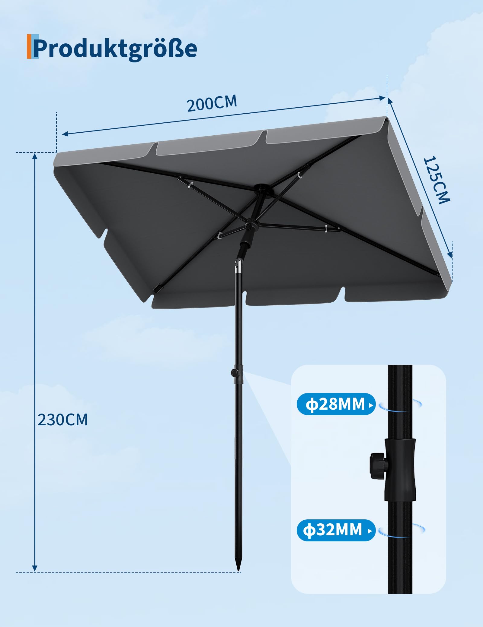GarveeHome Sonnenschirm Balkon 200x125 cm mit Schirmhülle, UV50+ Sonnenschirm rechteckig knickbar & höhenverstellbar, Balkonsonnenschirme ideal für Balkon Garten & Terrasse