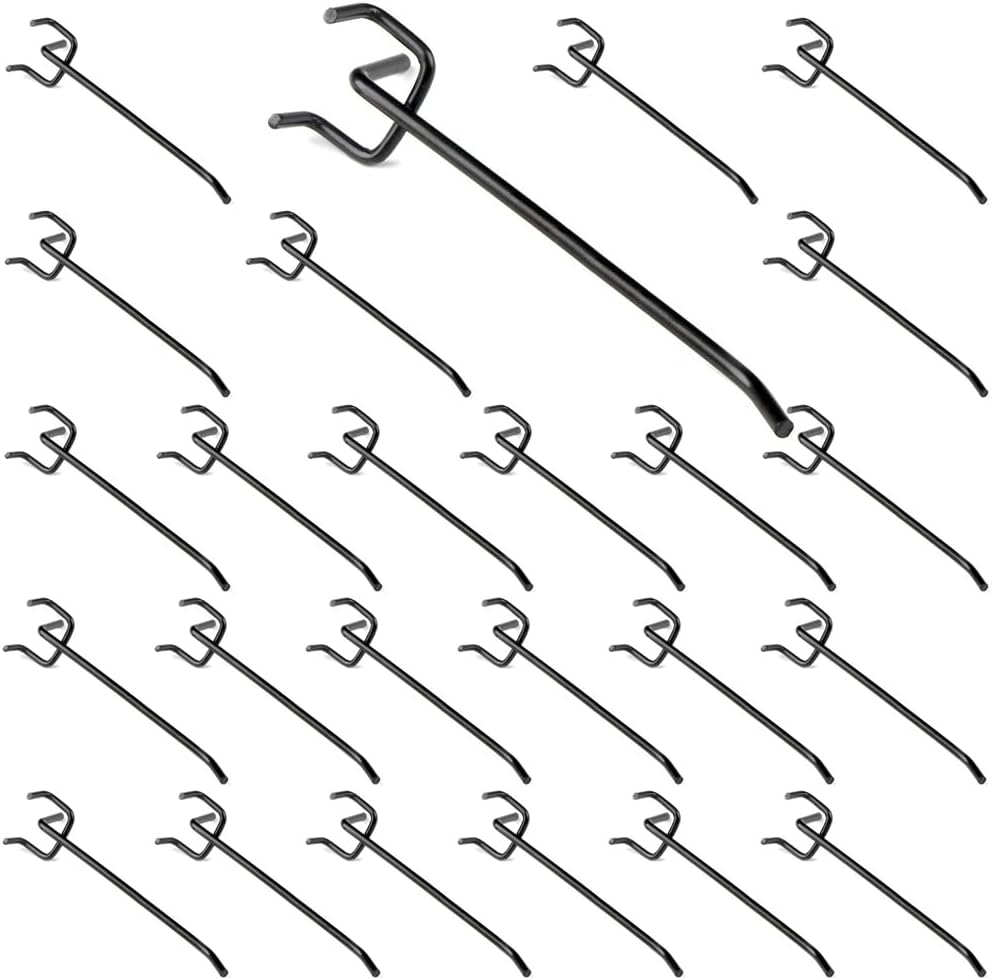 QPINGH25Pcs Pegboard Hooks, 6" Length Peg Board Shelving Hooks Heavy Duty Peg Wall Hooks for Garage Storage Organizer, Fits 1/4" or 1/8" Pegboard, Black