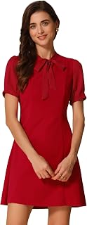 Elegant Dresses for Women's Tie Neck Puff Short Sleeve Office Work Dress