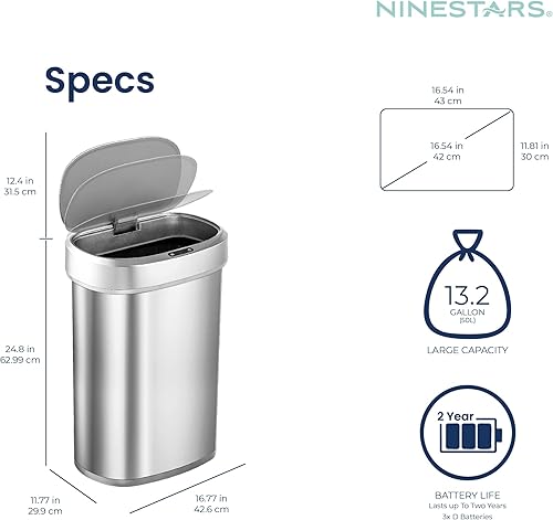 Miniatura 4 de Ninestars DZT-50-49 - Bote de basura ovalado automático con sensor de movimiento sin contacto con tapa negra, 13 galones50 L, acero inoxidable