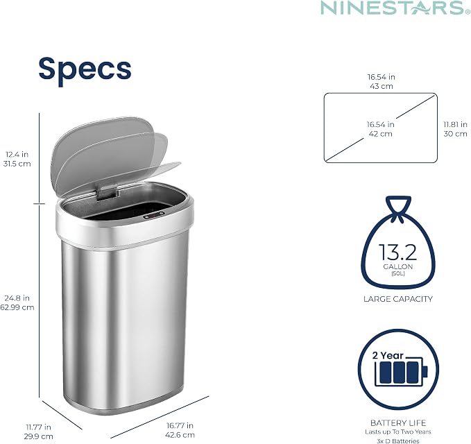 Caneca de basura ovalada sensor automático 13 gal plata miniatura 3