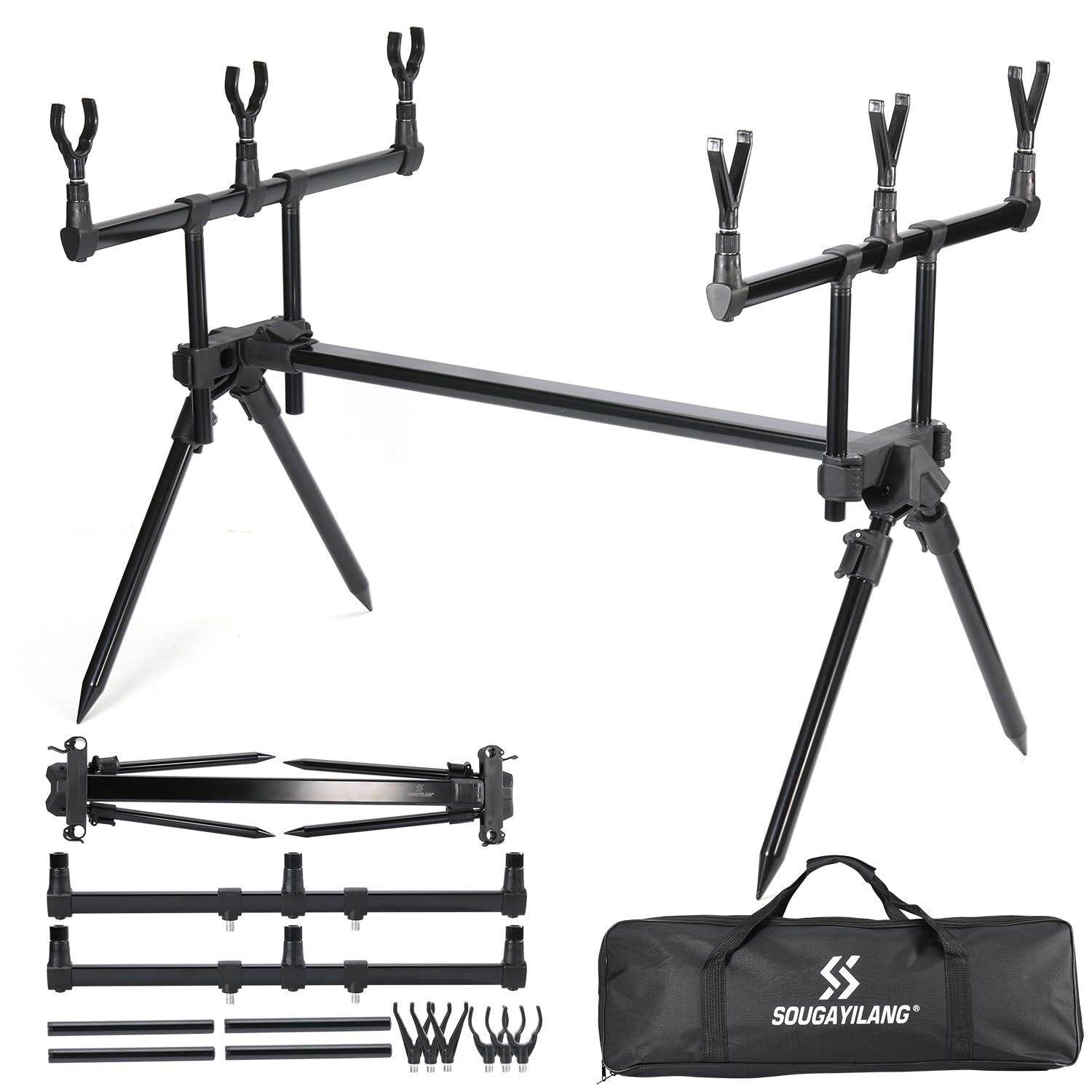 Sougayilang Rod Pod 3-częściowy zestaw do wędkowania karpiowego – regulacja wysokości i długości, z torbą do przenoszenia oraz 6 głowicami + 5 m uzupełnieniem siatki PVA – nadaje się do łowienia karpi