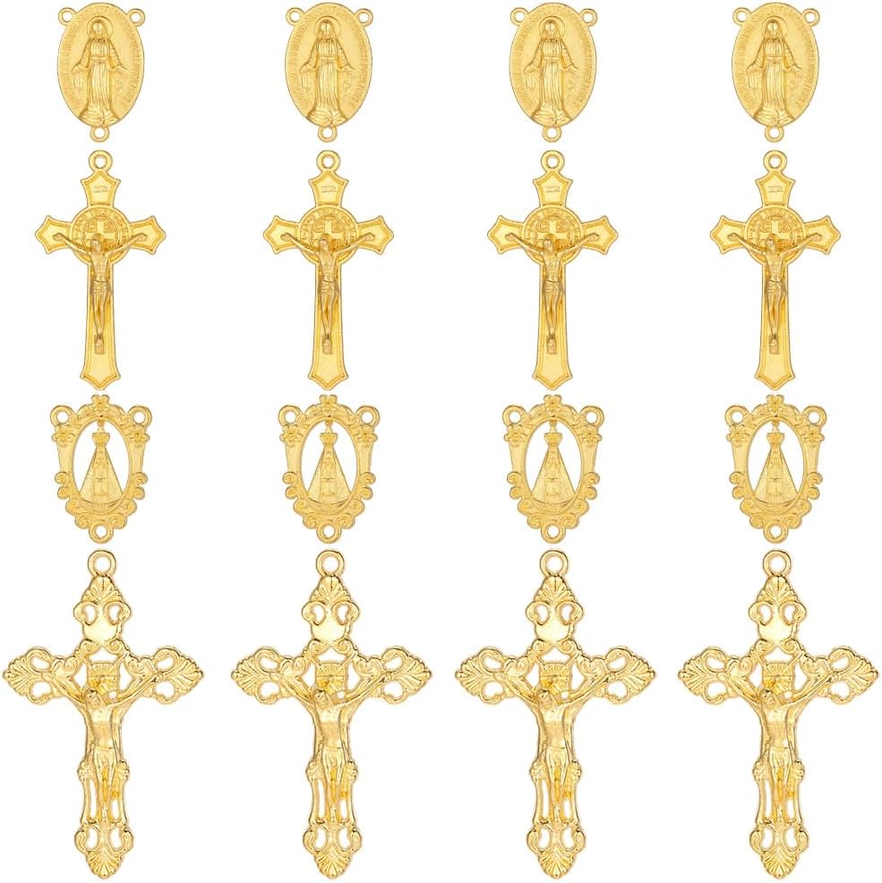 SUNNYCLUE 1 Box 40Pcs 4 Styles Gold Rosary Charm Rosary Cross Charms Easter Crucifix Oval Chandelier Links Findings Holiday Connector Charm for Jewelry Making Charms Supplies DIY Necklaces Crafts