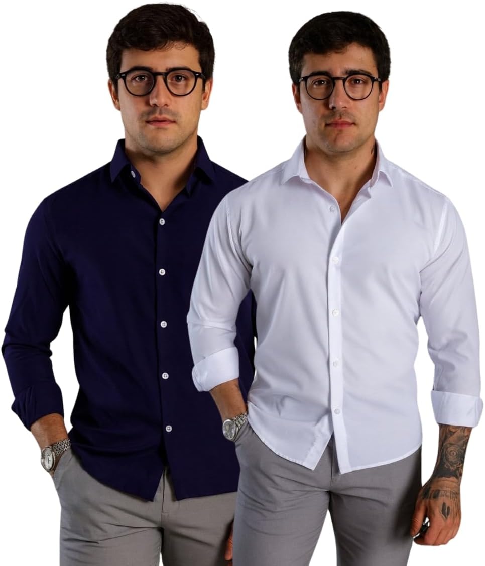 Kit 2 Camisas Sociais Masculinas, Manga Longa, Slim Fit, Tecido Premium, para Trabalho e Casual