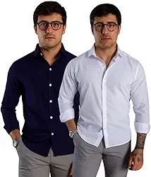 Kit 2 Camisas Sociais Masculinas, Manga Longa, Slim Fit, Tecido Premium, para Trabalho e Casual
