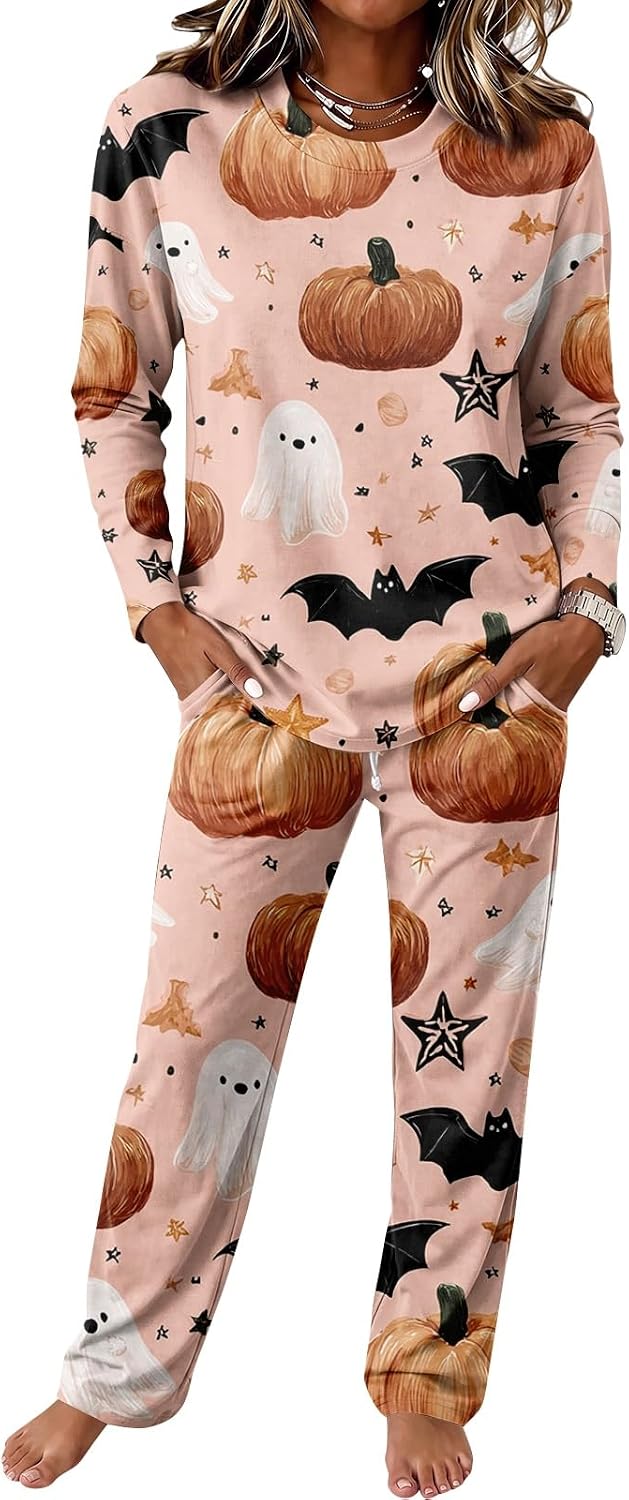 Halloween Pajamas Women Comfy Long Sleeve Pants Set Lounge Pjs Set