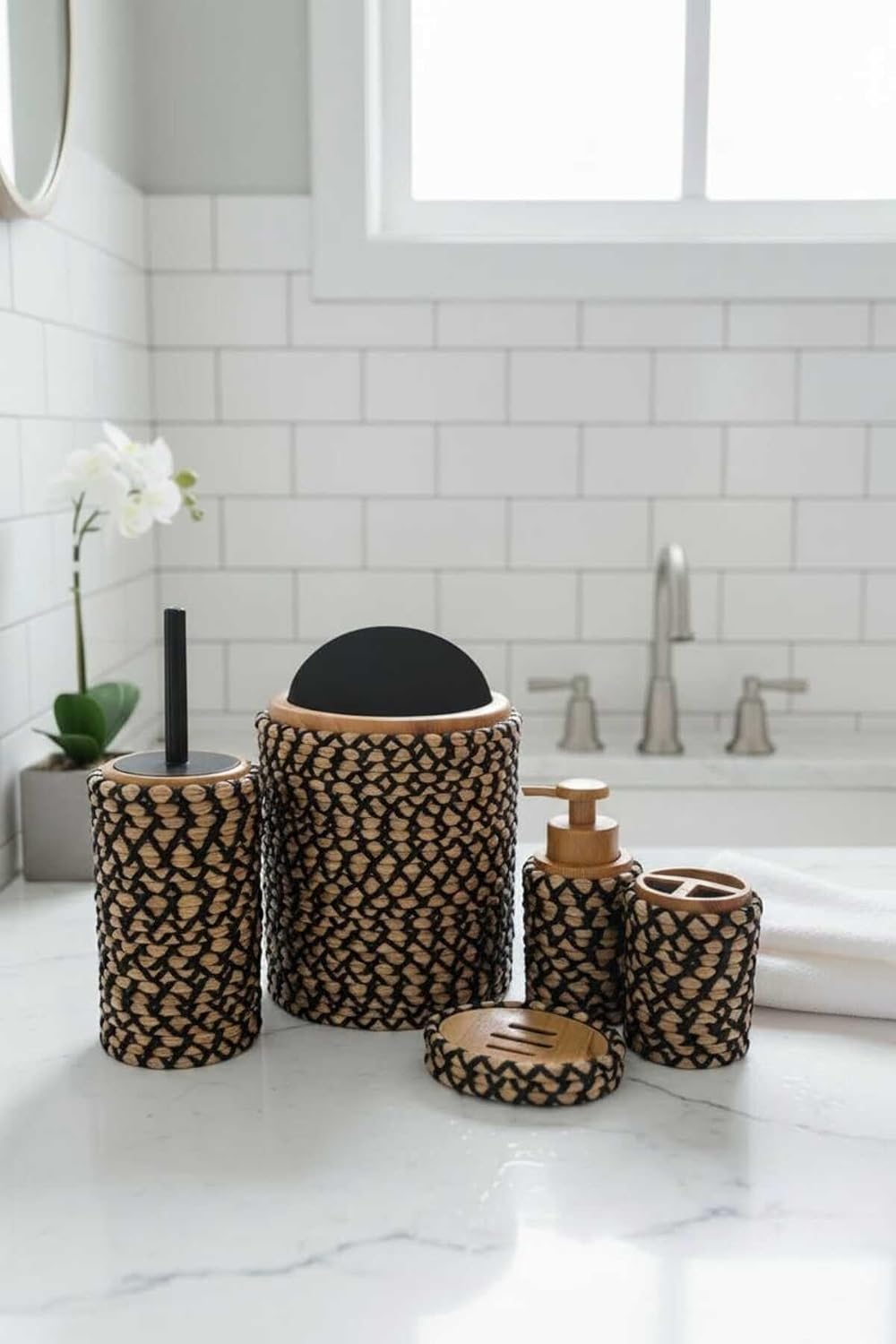 5-Piece Bathroom Accessory Set Woven Look Decorative Organizer Set for Countertop - Includes Soap Dispenser, Toothbrush Holder, Soap Dish, Trash Can, Toilet Brush - Durable Polypropylene - Ecru & Blac