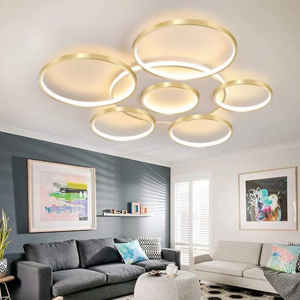 JINWELL LED plafondlamp met afstandsbediening, modern, creatief, kroonluchter, hanglamp, plafondlamp, plafondspot, acryl lampenkap, modern, elegant, mat, aluminium, bruin, 6 ringen/86W