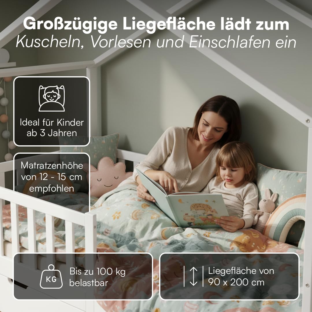 Bellabino Bia Kinderbett 90x200 cm Hausbett mit Rausfallschutz Lattenrost 2 Schubladen Montessori Bett Massivholz Kiefer Weiß