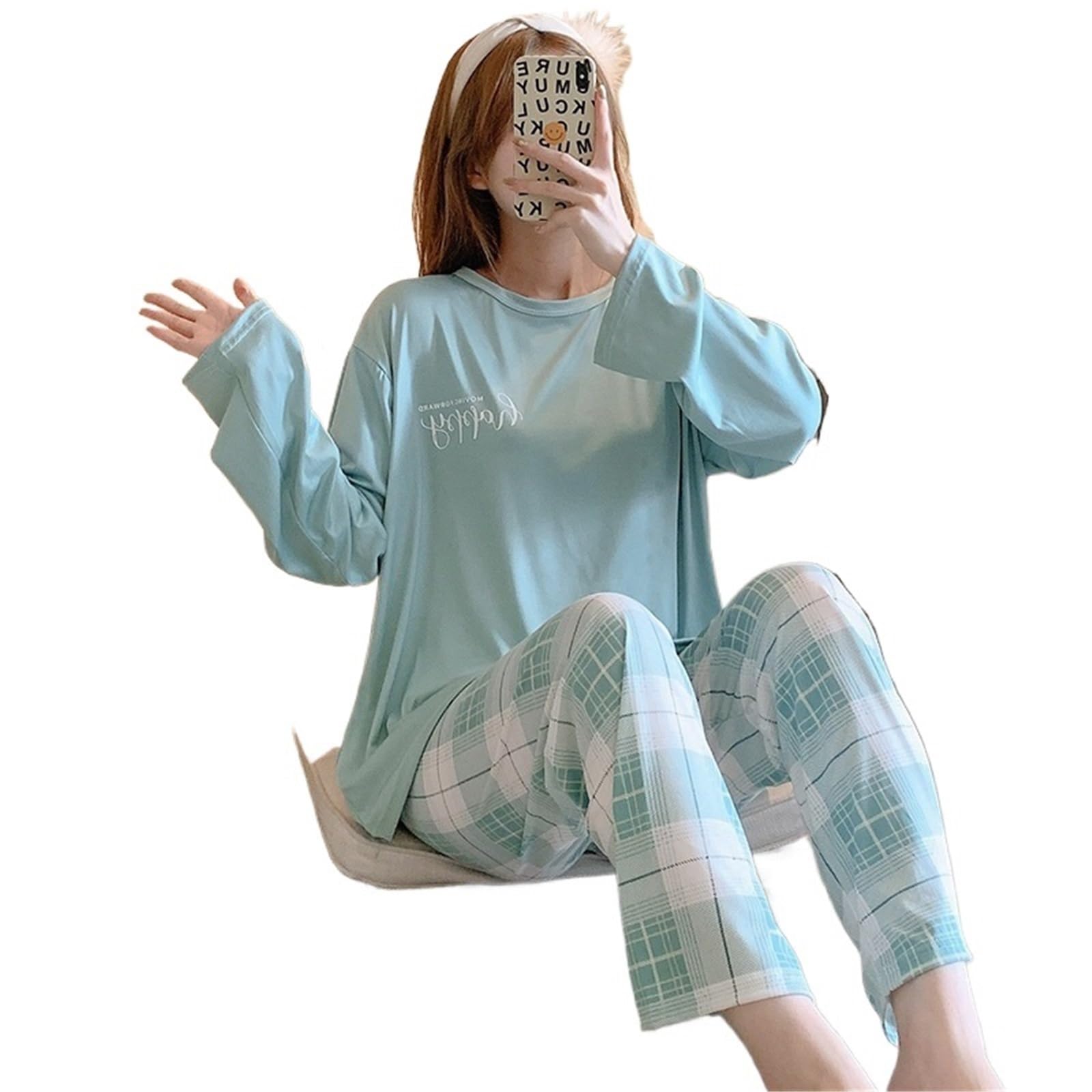 Women's Two-Piece Pajamas Set, Spring and Autumn Homewear, Long-Sleeved Trousers Suit, Simple and Wearable Outside(Blue)