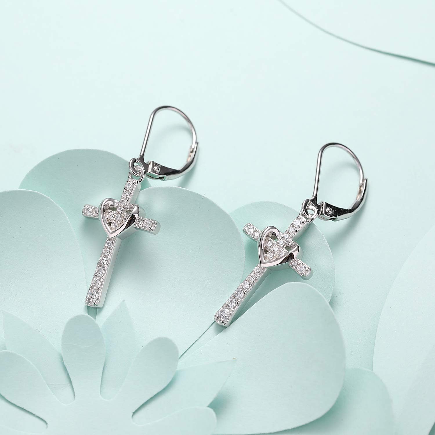 Cross Earrings 925 Sterling Silver Leverback Crucifix Dangle Drop Earrings for Women - Image 3