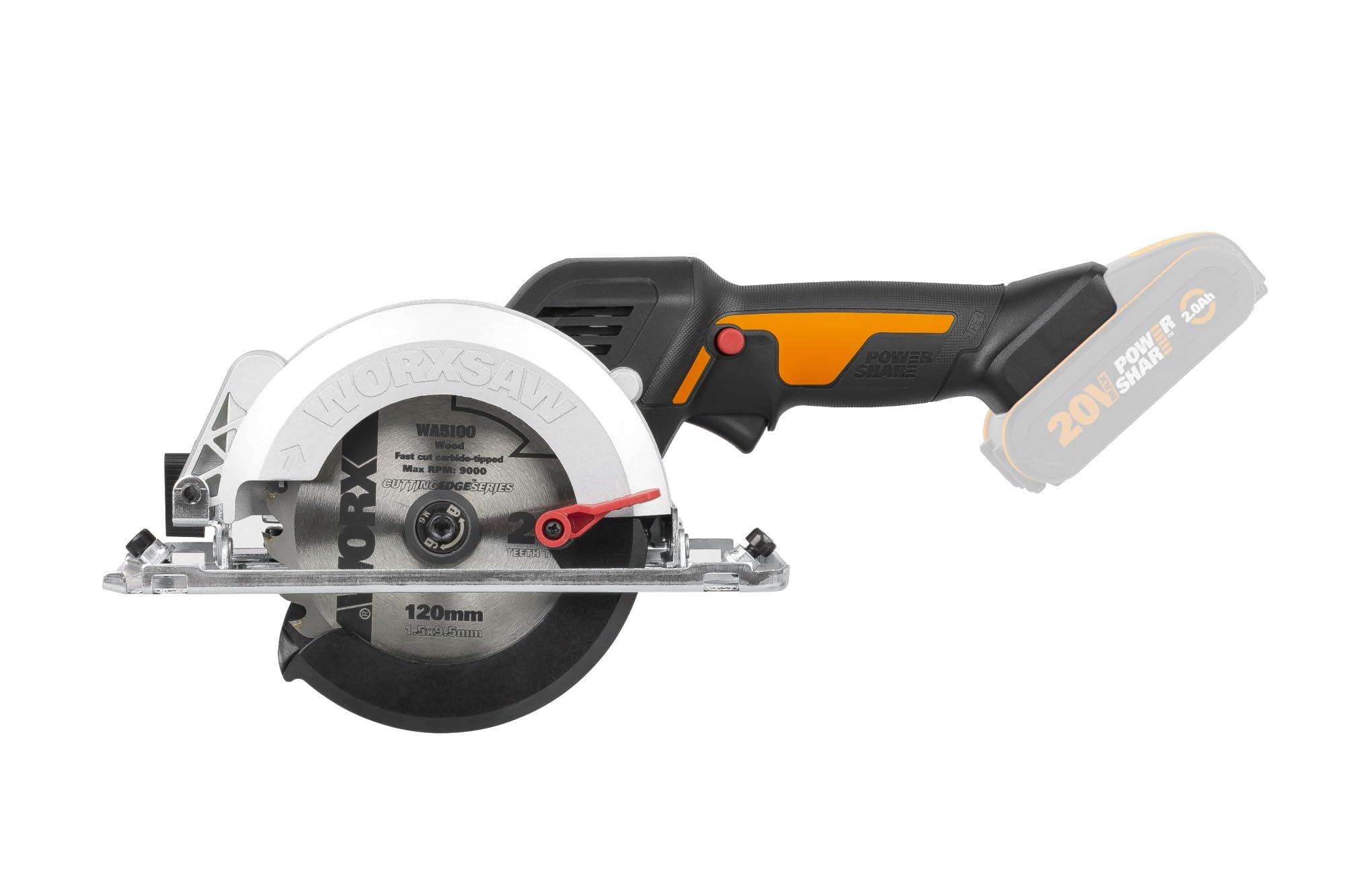 WORX WX531.9 Sierra circular brushless 20V, WORXsaw XL, disco 120mm, cuerpo delgado, ajuste rápido de profundidad, cortes precisos en madera, sin batería ni cargador, PowerShare