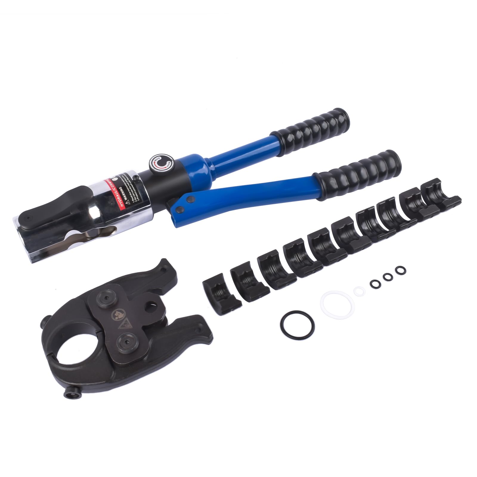 Profi Presszange V-Kontur (hydraulisch) 12-15-18-22-28 Set Presswerkzeug mit 360° drehbarem Kopf für Kupferrohr, Edelstahlrohr, Edelstahlrohr, Backeneinsätze V12, V15, V18, V22, V28, Blau