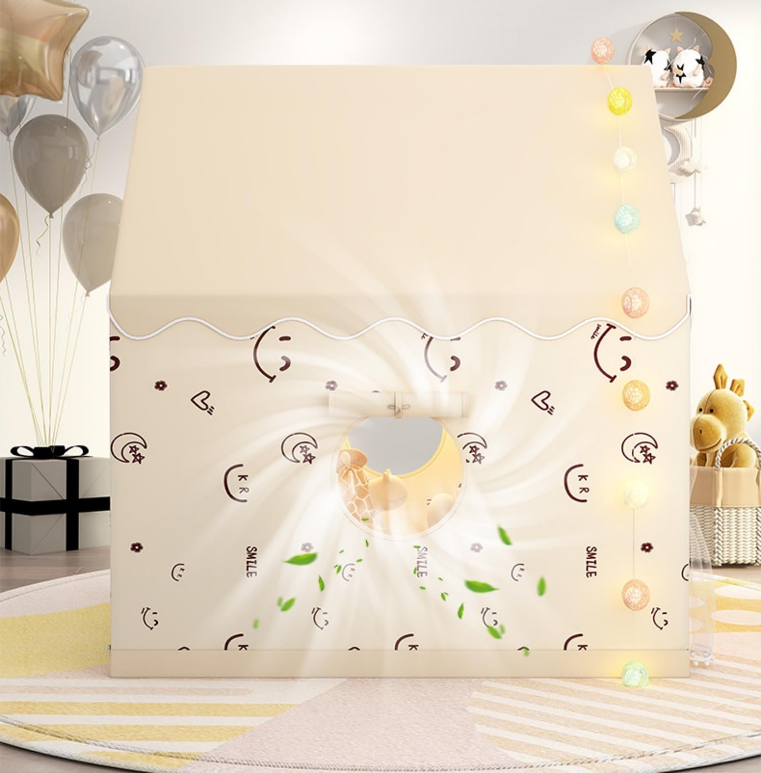 Tenda da gioco per bambini, Design della casa con tende, Casetta per bambini da interni per giocare, dormire e riposare, Beige
