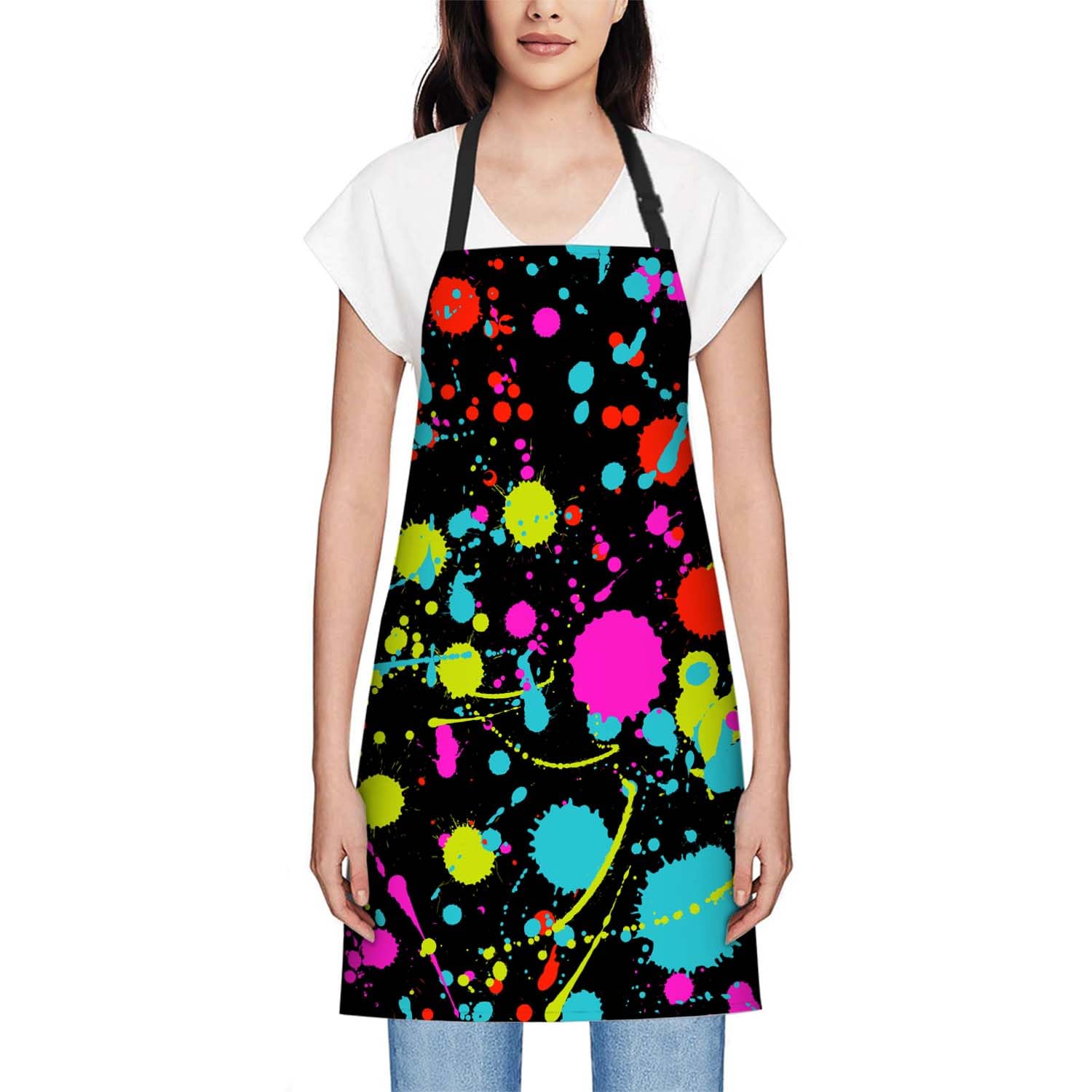 Smooffly Neon Splatter Pattern Apron for Men & Women - BBQ & Catering Bibs, 27x31 Inch - Image 2