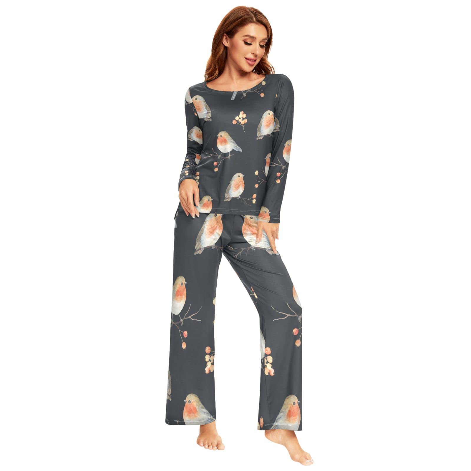 YOUJUNER Pyjamas Sets for Women, Robin Bird Pattern Long Sleeve Sleepwear Loungewear Set Pjs Nightwear Set Multicolor