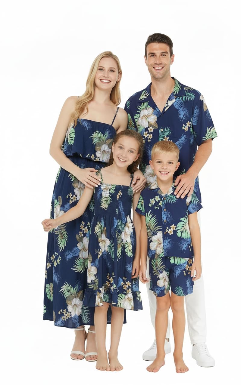 Matchable Family Hawaiian Luau Men Women Girl Boy Clothes in Pineapple Garden Navy