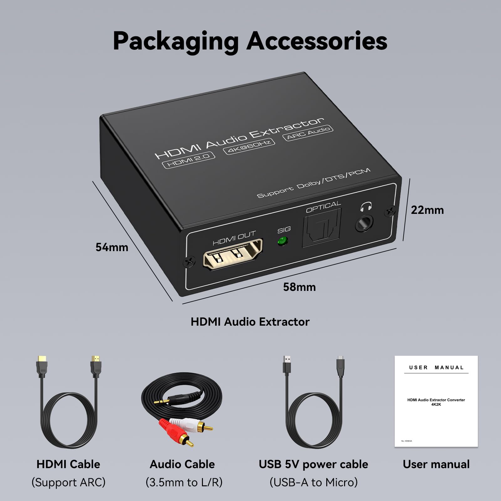 VEDINDUST HDMI ARC Audio Extractor Splitter Adapter 4K@60Hz HDMI Fiber Optic Adapter to 3.5mm Converter Splitter SPDIF TOSLINK Fiber Optic and 3.5mm Stereo Audio, Supporting LPCM 7.1/DTS/DSD