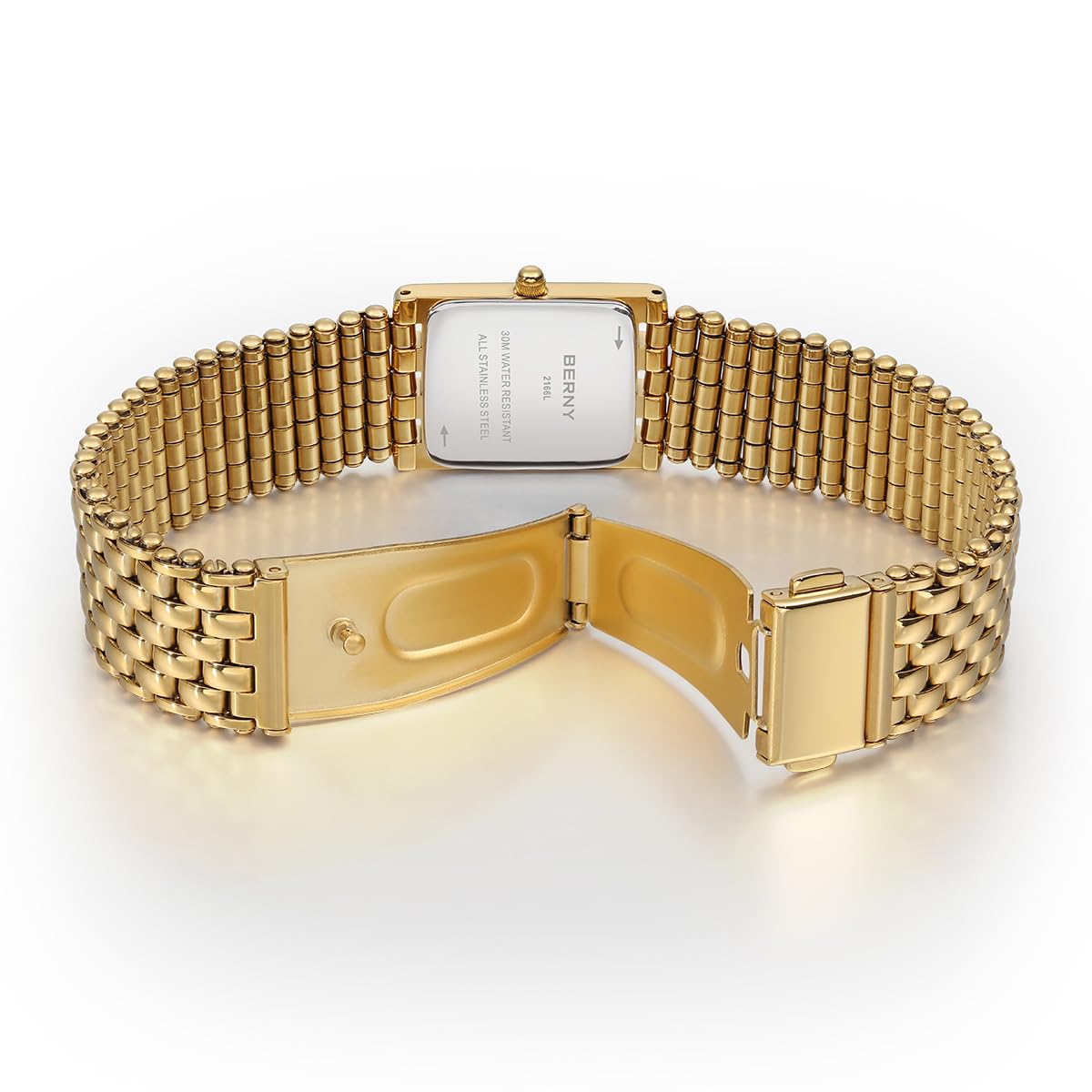 BERNY Reloj de Oro para Mujeres Reloj de Pulsera Rectangular Impermeable Reloj de Pulsera de Lujo Reloj Analógico de Cuarzo de Acero Inoxidable Dial de Rayos Solares Regalo de Cumpleaños
