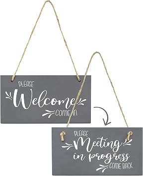Darware Meeting in Progress/Do Not Disturb Wood Sign Gray, Reversible Home and Office Meeting Door Hanger