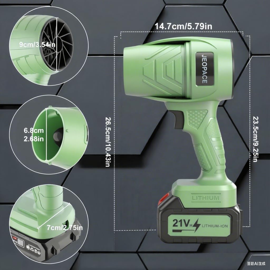 Electric Leaf Blower, Mint Green, 21V Lithium Battery Powered, Cordless, Handheld Design, with 3 Batteries, Charger, Storage Case (蓝色*强力电池*2)