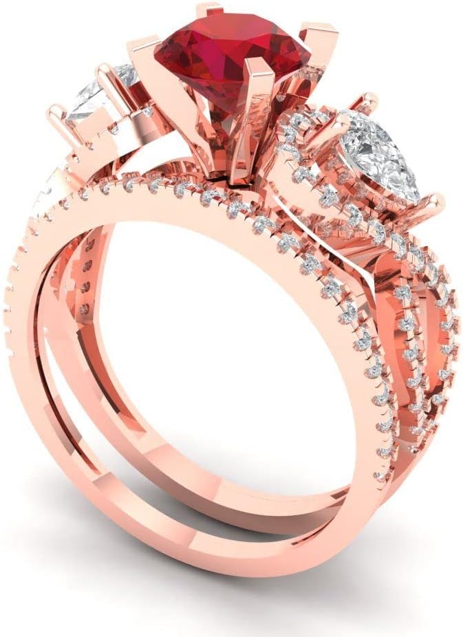 Clara Pucci 1.93 tcw Round Cut Ruby Wedding Ring Set for Women | 14K Rose Gold 2-Piece Womens Anniversary Ring for her, Womens Solid Gold Stackable Eternity Band and Vintage Gold Ring