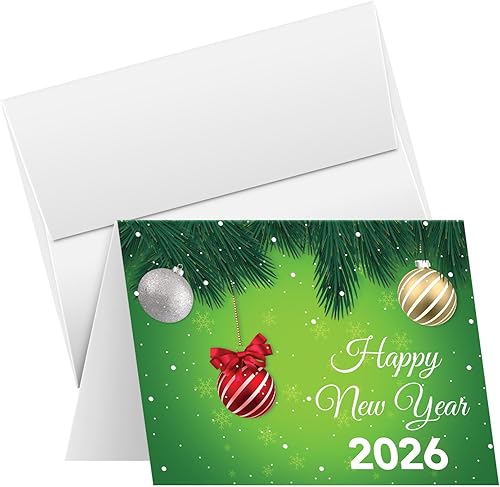 Juego de tarjetas de feliz año nuevo 2026 – Elegante bola verde para Navidad, Año Nuevo, saludos de vacaciones, invitaciones, anuncios,