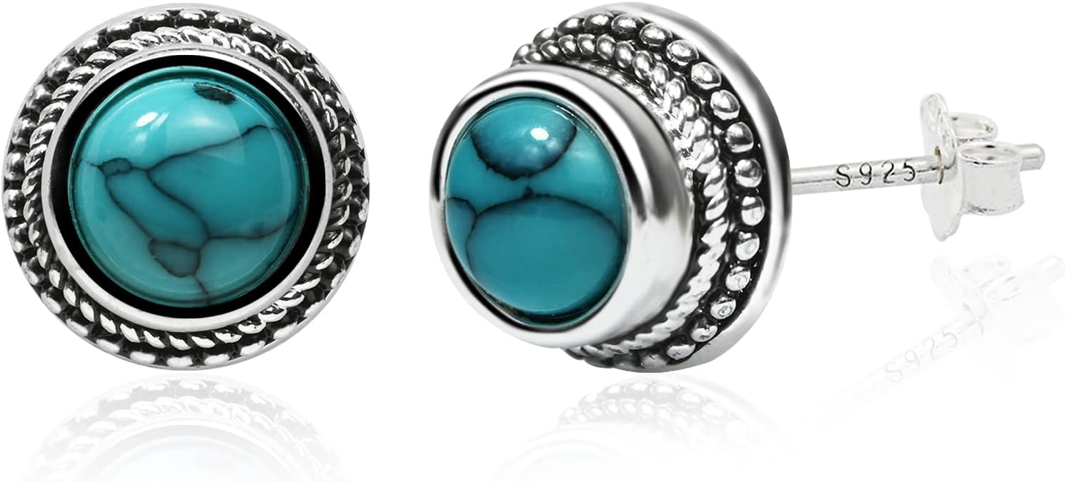 Tibetan Turquoise Earrings 925 Sterling Silver Post Stud Boho Gemstone Hypoallergenic Handmade Earrings for Women Trendy Fashion