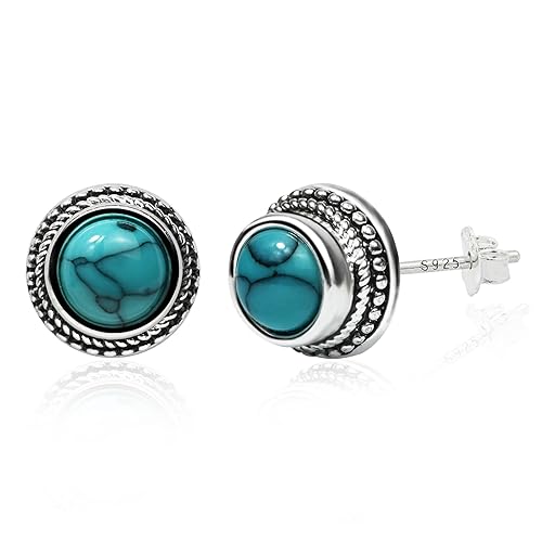Tibetan Turquoise Earrings 8mm Round 925 Sterling Silver Post Stud Earrings Gemstone Earring Hypoallergenic Handmade Earrings for Women Trendy