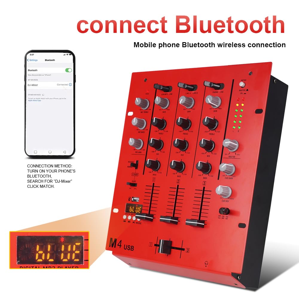 M4 4-kanałowy mikser DJ (czerwony), mikser audio z Bluetooth i USB, Crossfader, 3-pasmowy korektor, regulator wzmocnienia i funkcja Cue-Monitor, profesjonalna płyta dźwiękowa na imprezę, do
