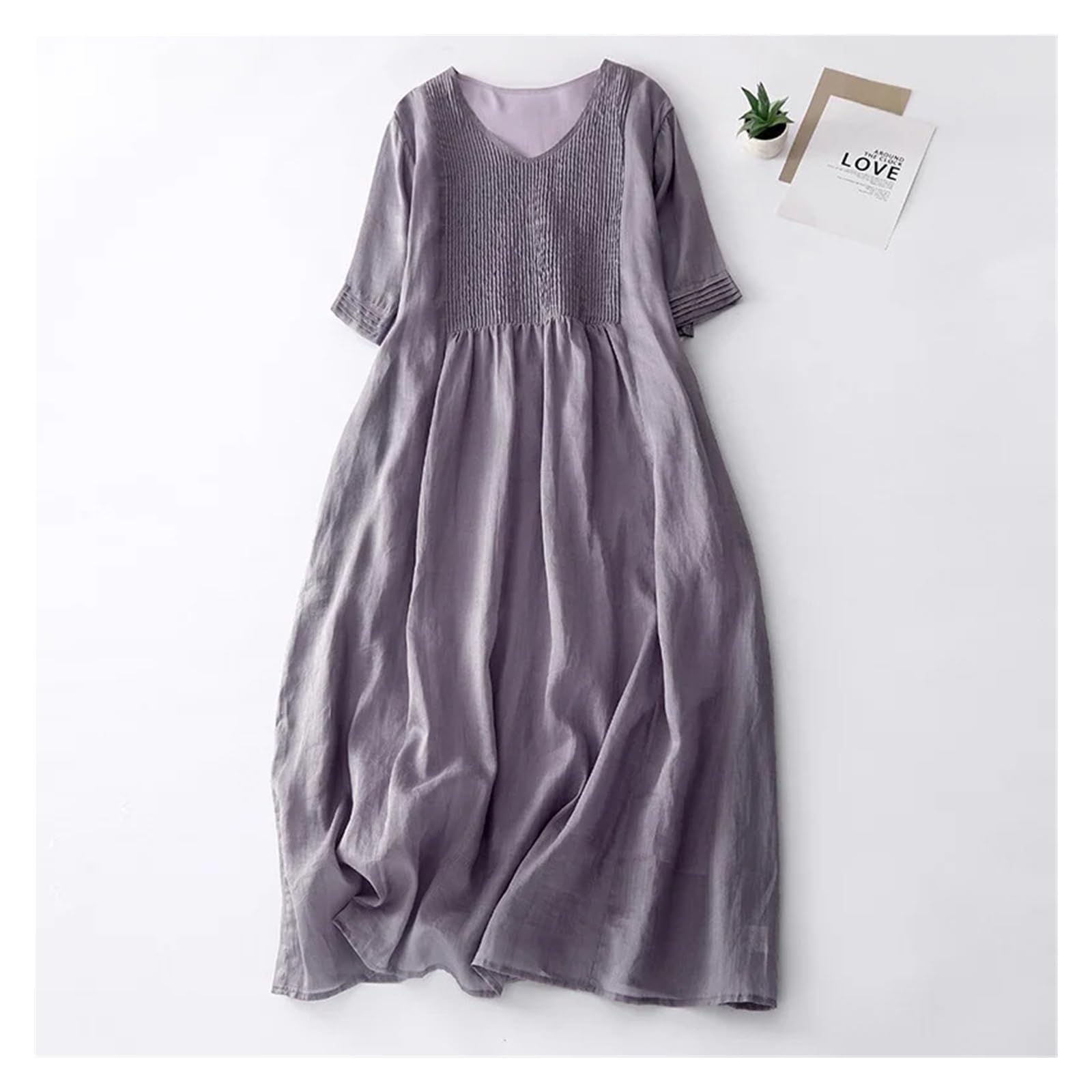 Vestito Lino Donna Estivo Abito a Pieghe a Fisarmonica Anni '40, Stile Artistico, in Puro Colore, con Scollo a V, in Lino, Lungo, Sottile, da Donna, Stile retrò