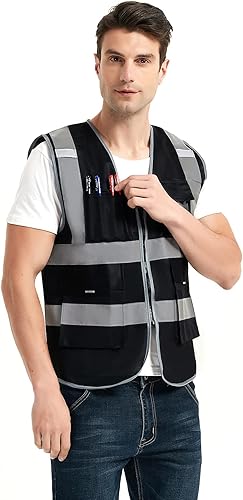 Miniatura 4 de VICRR Chaleco de seguridad para hombres y mujeres con bolsillos, chaleco de seguridad reflectante amarillo rosa, negro y azul, chaleco de seguridad