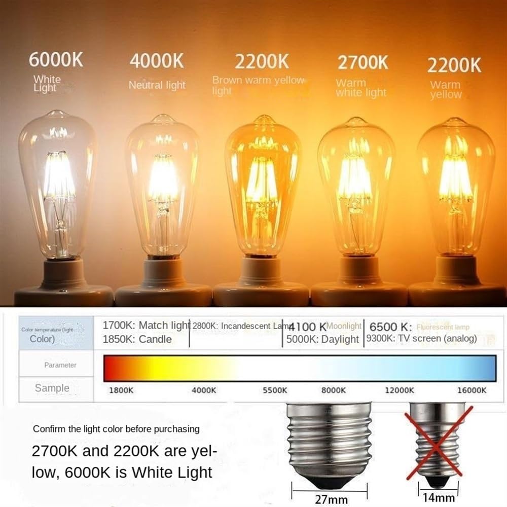 Jiaxu Lighting 20 unids/Lote ST64 AC220V/110V Bombilla de filamento LED E27 Retro Edison Bombilla LED Regulable 4W/6W/12W/16W Fuente de luz cálida Bombillas para el hogar (Color : 2200K - Warm Yellow