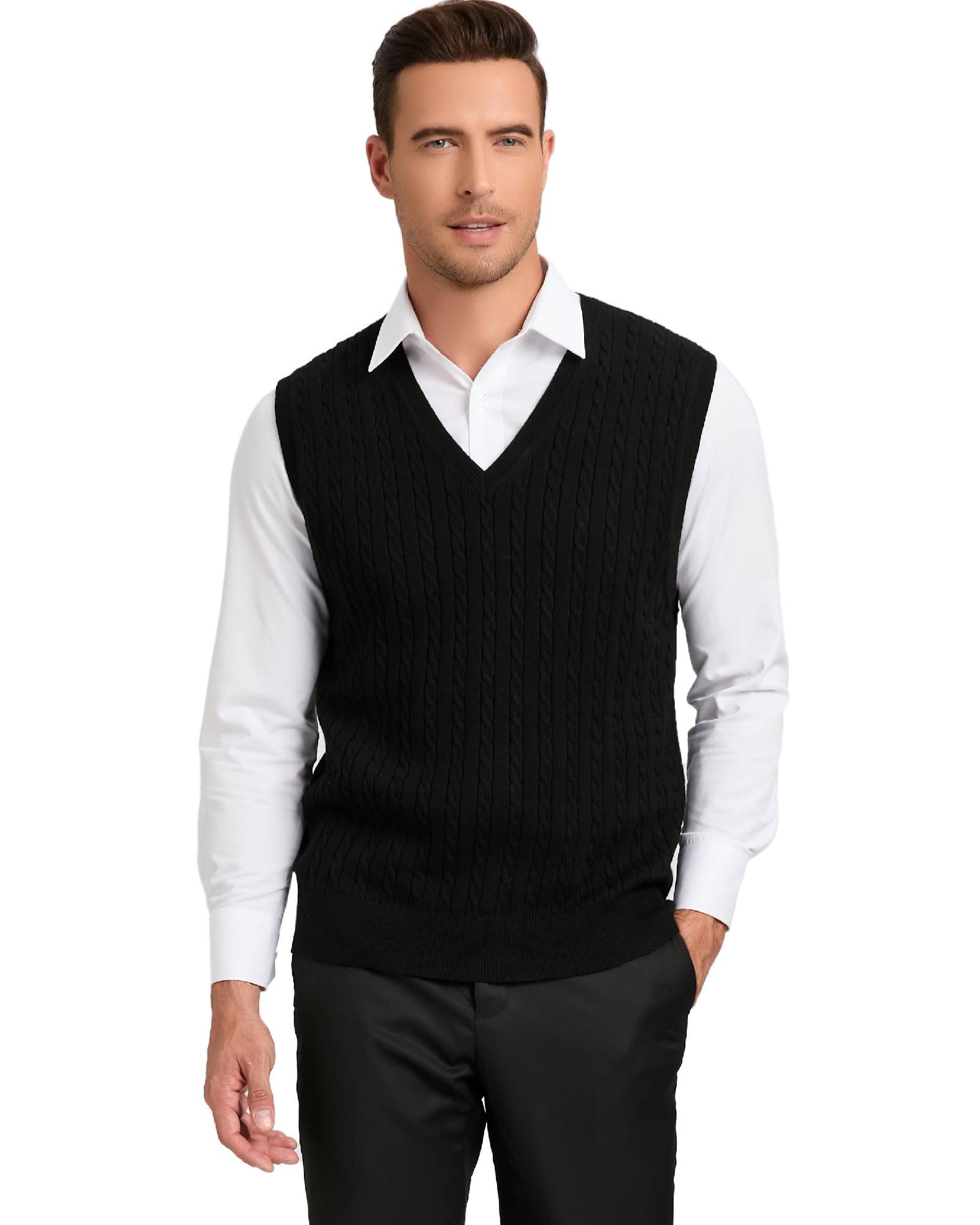 Kallspin Homme Gilet Pull col en V en Laine mélangée sans Manches tricoté