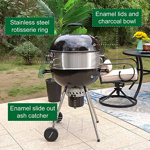 Mfstudio 3 In 1 Kettle Grill, 22" Charcoal Grill With Rotisserie Ring And Pizza Stone, Enamel Charcoal Kettle Grill With Slide-Out Ash Catcher #TOP4
