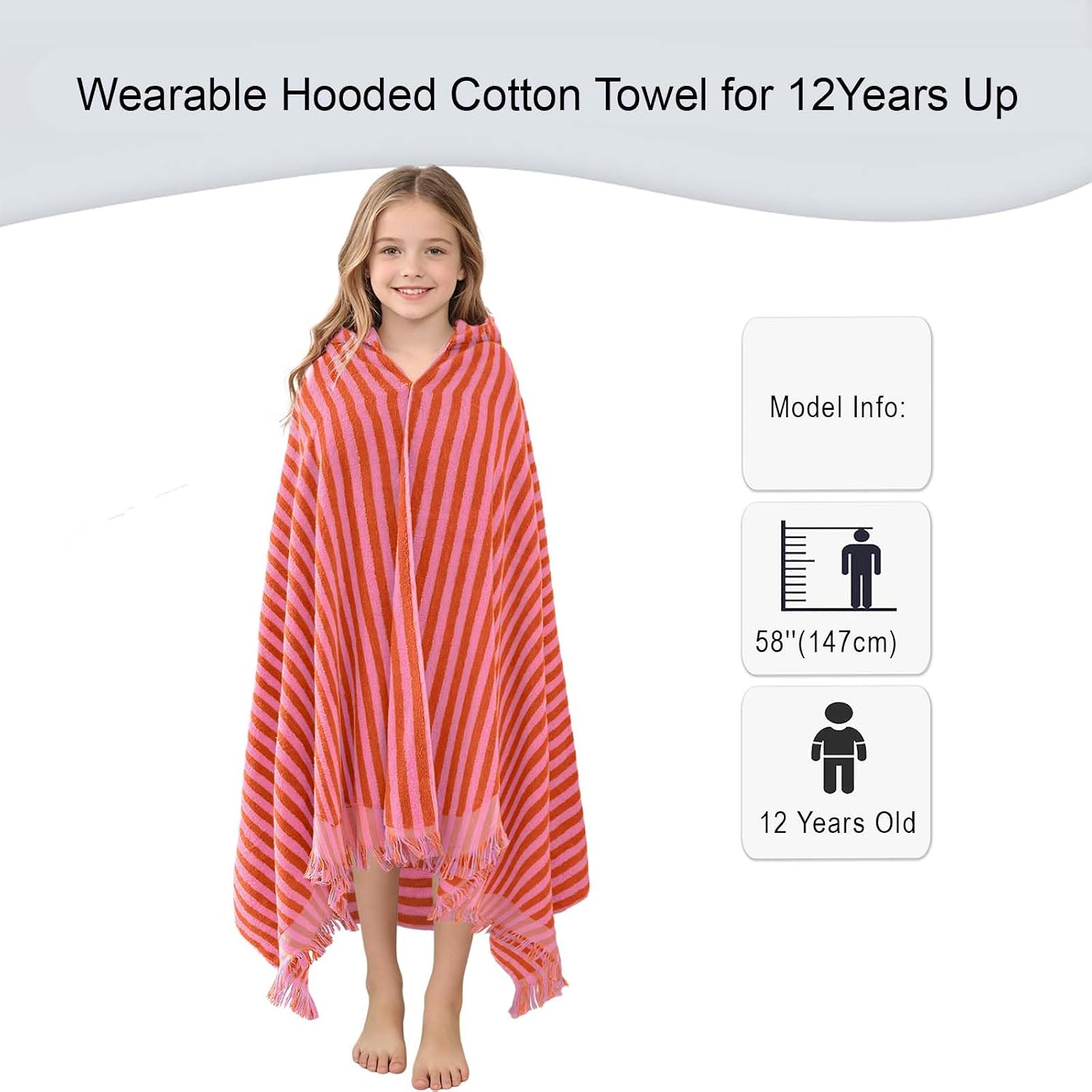  Big Kids Hooded Bath Towel, 8+, 100% Cotton, Thick, Red Pink | Horizontal Stripe Design, Soft, Absorbent  Quick Dry, Perfect for Bath, Pool, Swim and Beach thumbnail