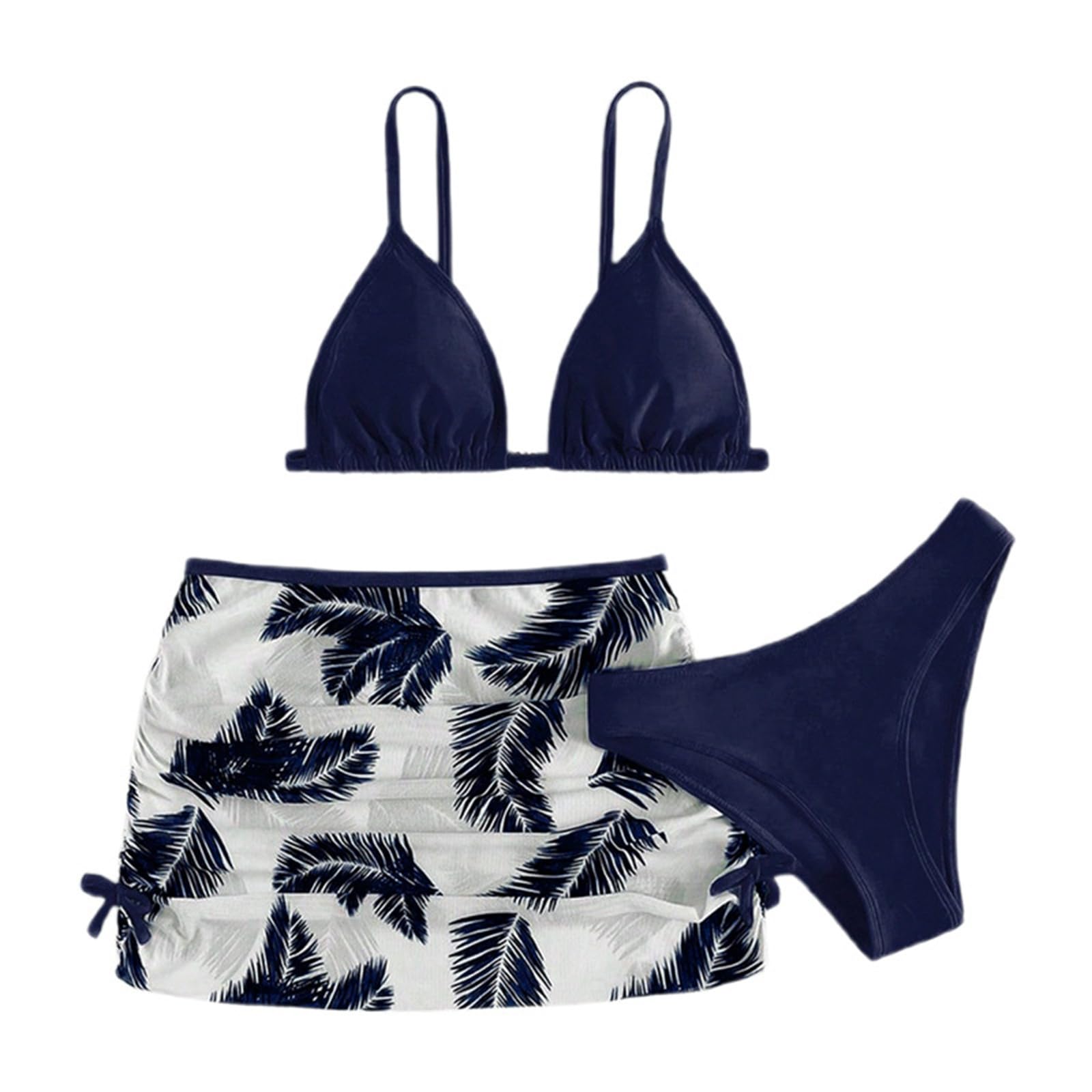 Cokbyavla Girl's Cute 3 Piece Swimsuit V Neck Spaghetti Strap Triangle Bikini Set for Teen Girls Tropical Floral Print Bikini Set 10-11 Years Dark Blue