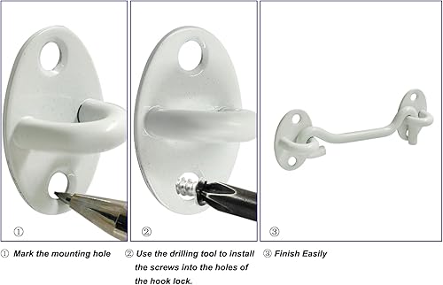 Miniatura 3 de 1 gancho blanco de privacidad de 4 pulgadas y pestillo de ojal, cerradura de gancho de acero inoxidable para puerta de granero con tornillos de