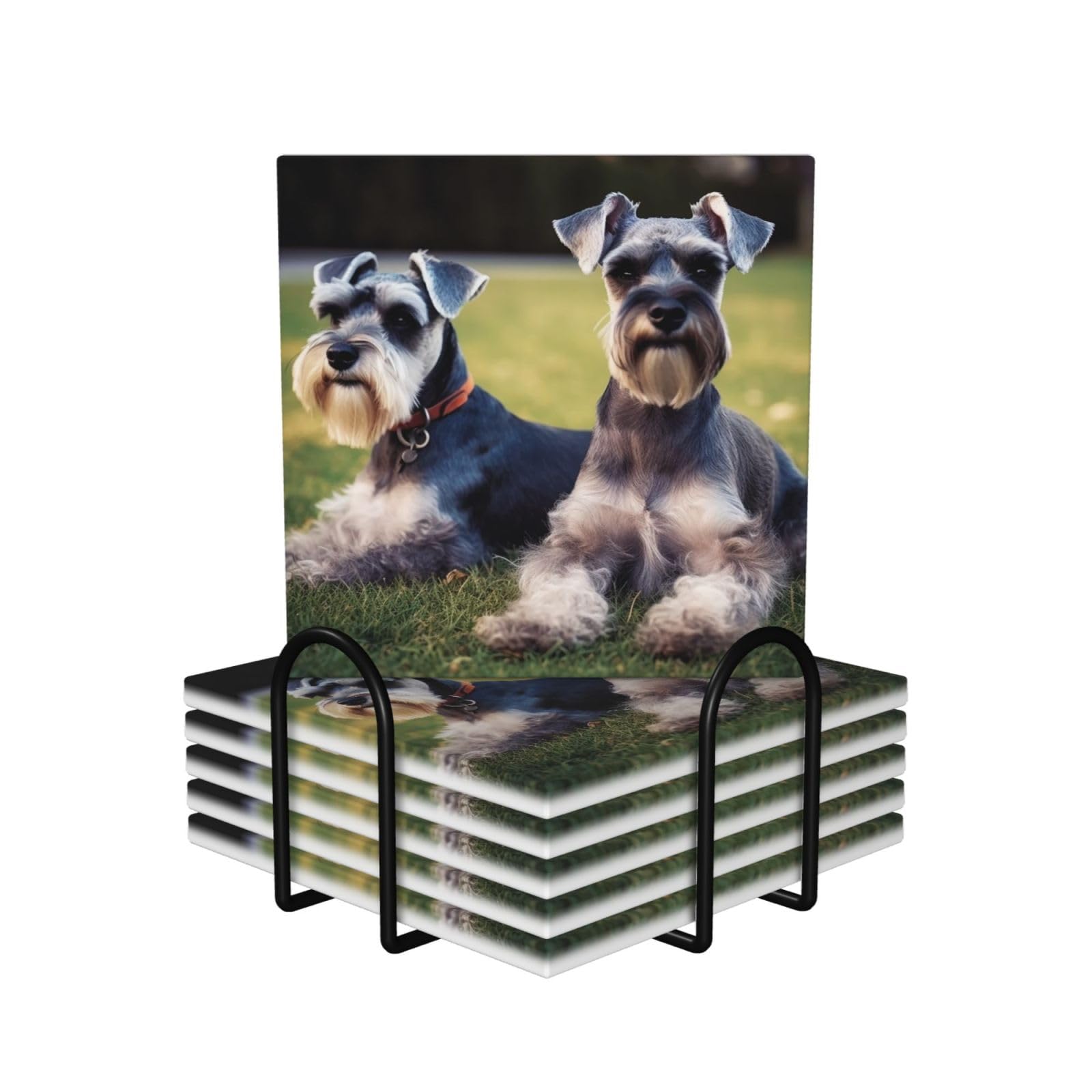6Pcs Ceramics Coaster for Drinks, Adult Schnauzer Dogs Cup Coasters with Holder, Aesthetic Drink Coasters for Coffee Table, Absorbent Round Coaster for Tabletop Protection 4" Cup Mat Pad