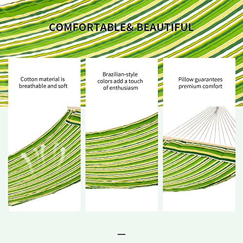 Outsunny Double Cotton Hammock Camping Swing Outdoor Garden Beach Stripe Hanging Bed with Pillow, 188 x 140 cm, 180 KG Capacity, Green - Image 4
