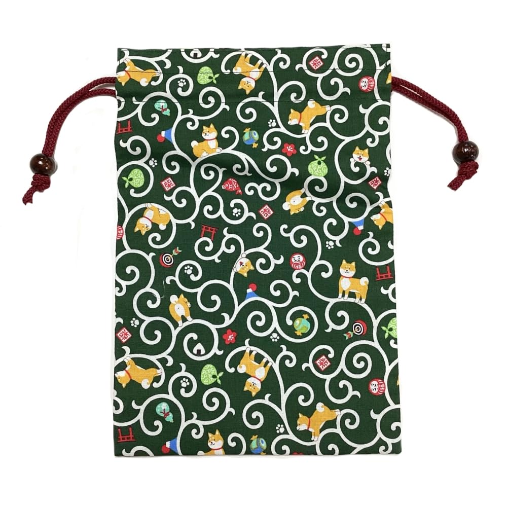 京佑 日本製 御朱印帳 ケース 巾着 袋 約26.5×18cm 縁起屋柴犬 緑