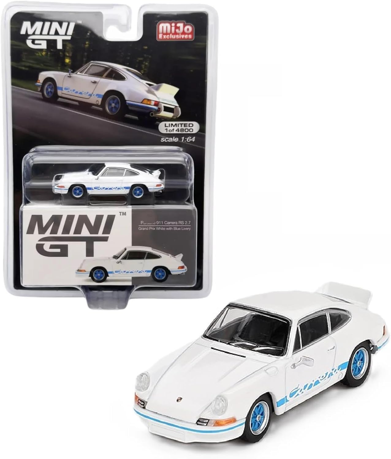 Collectibles Diecast Model Car Compatible with Mini GT 1:64 Porsche 911 Carrera RS 2.7 Grand Prix White with Blue Livery Limited Edition MGT00715