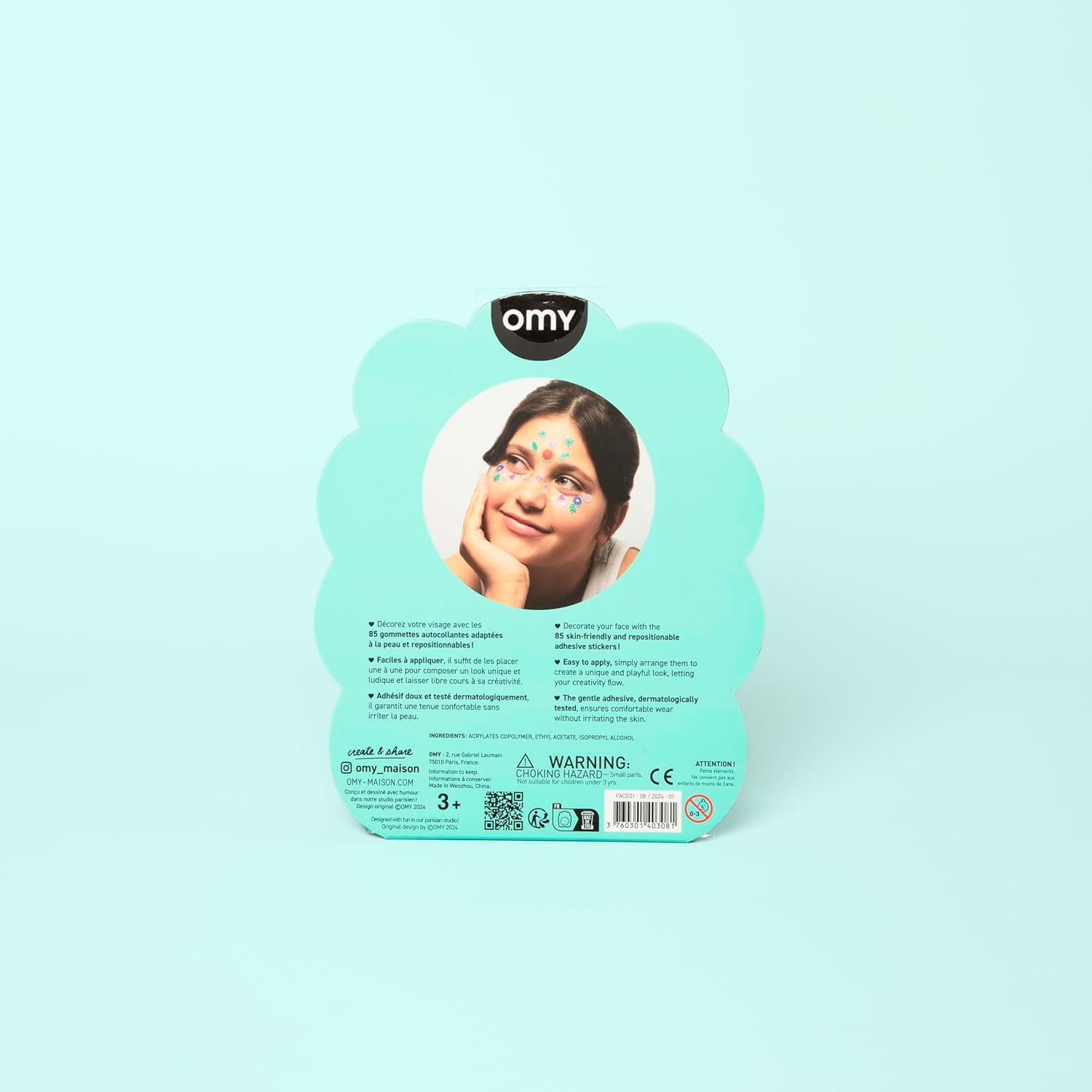 Omy Flower Face Stickers | Express Your Style with 85 Fluorescent, Repositionable Stickers | Skin-Safe and Dermatologically Tested | Fun and Creative Looks for All Ages