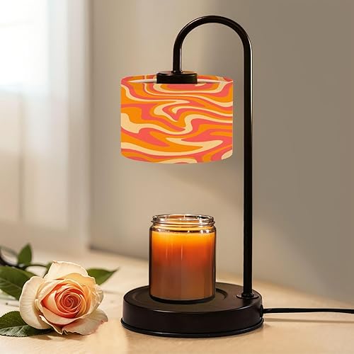 Lámpara calentadora de velas con temporizador y atenuador, retro de los años 70, líneas onduladas abstractas psicodélicas, rosa, naranja, beige,